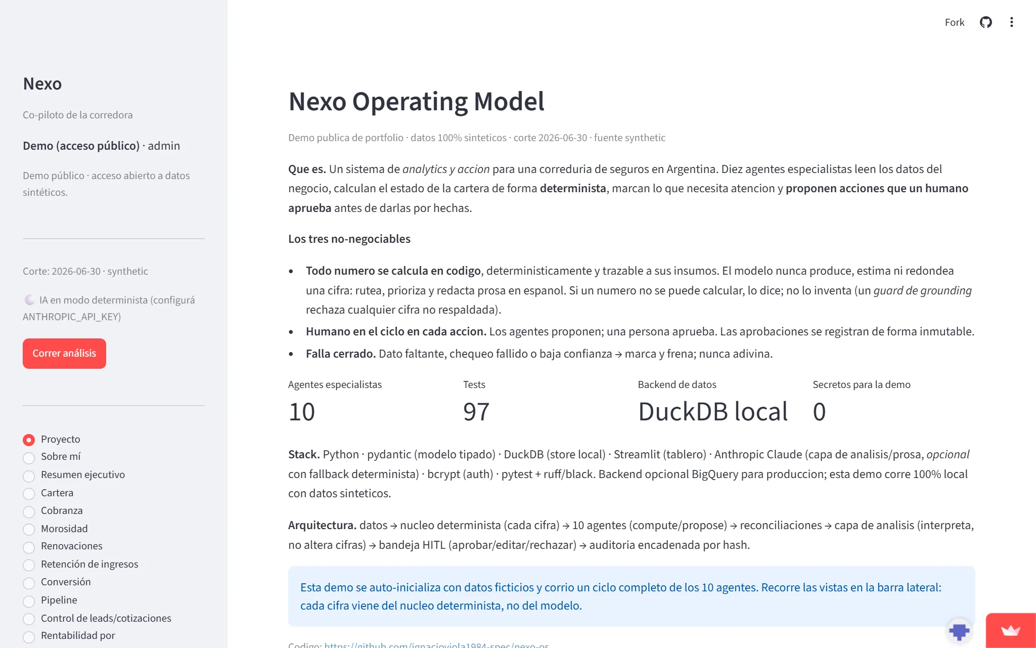 Nexo OS dashboard: ten specialist agents, deterministic core and a human-in-the-loop approval inbox.
